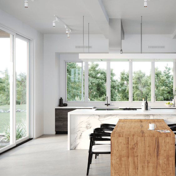 white modern kitchen with marvin windows and doors