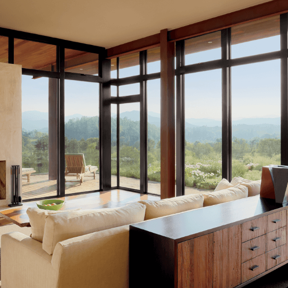 living space with marvin windows mountains