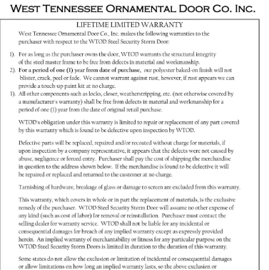 West Tennessee Ornamental Door Co. Inc Warranty