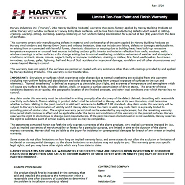 Harvey Paint and Finish Warranty