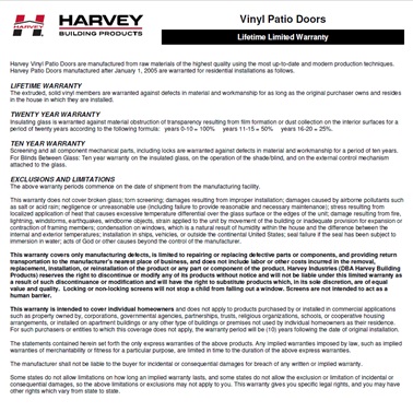 Harvey Vinyl Patio Doors Warranty